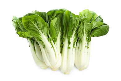 Photo of Fresh green pak choy cabbages on white background, top view