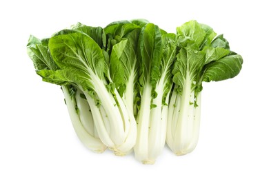 Fresh green pak choy cabbages on white background, top view