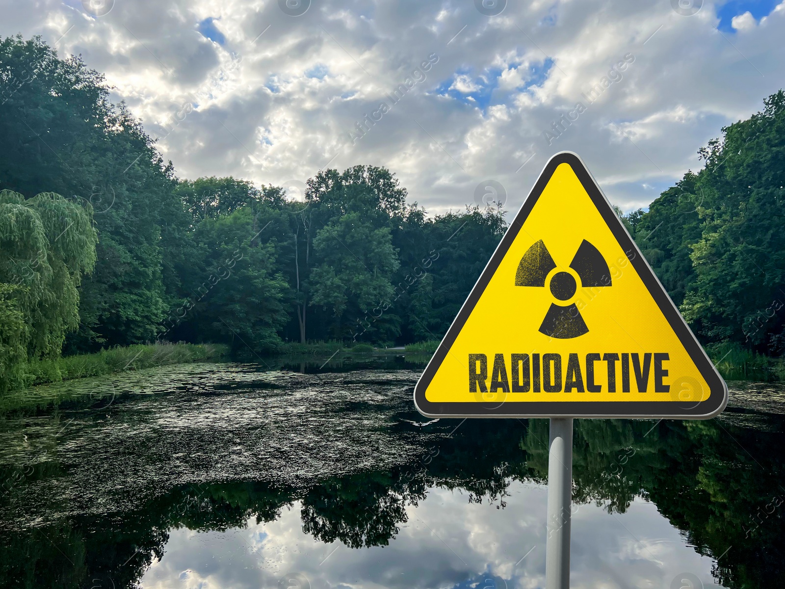 Image of Radioactive pollution. Yellow warning sign with hazard symbol near contaminated area outdoors. Space for text