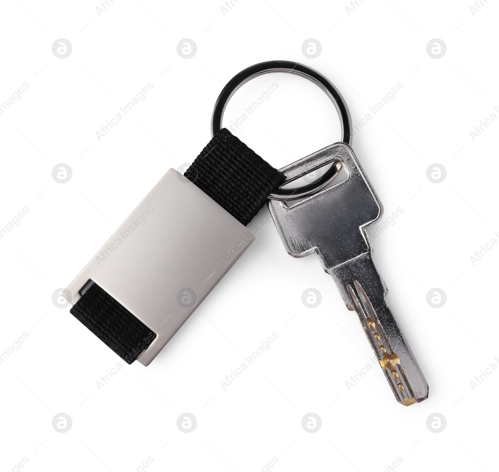 Photo of Key with metallic keychain isolated on white, top view