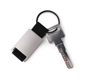 Key with metallic keychain isolated on white, top view