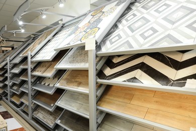 Assortment of tiles in store. Many different samples indoors