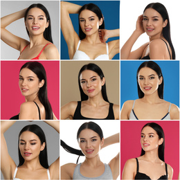 Image of Collage with portraits of young woman in different underwear on color backgrounds