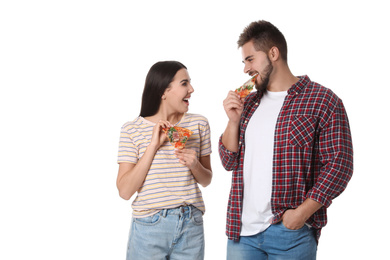 Photo of Happy couple with pizza isolated on white