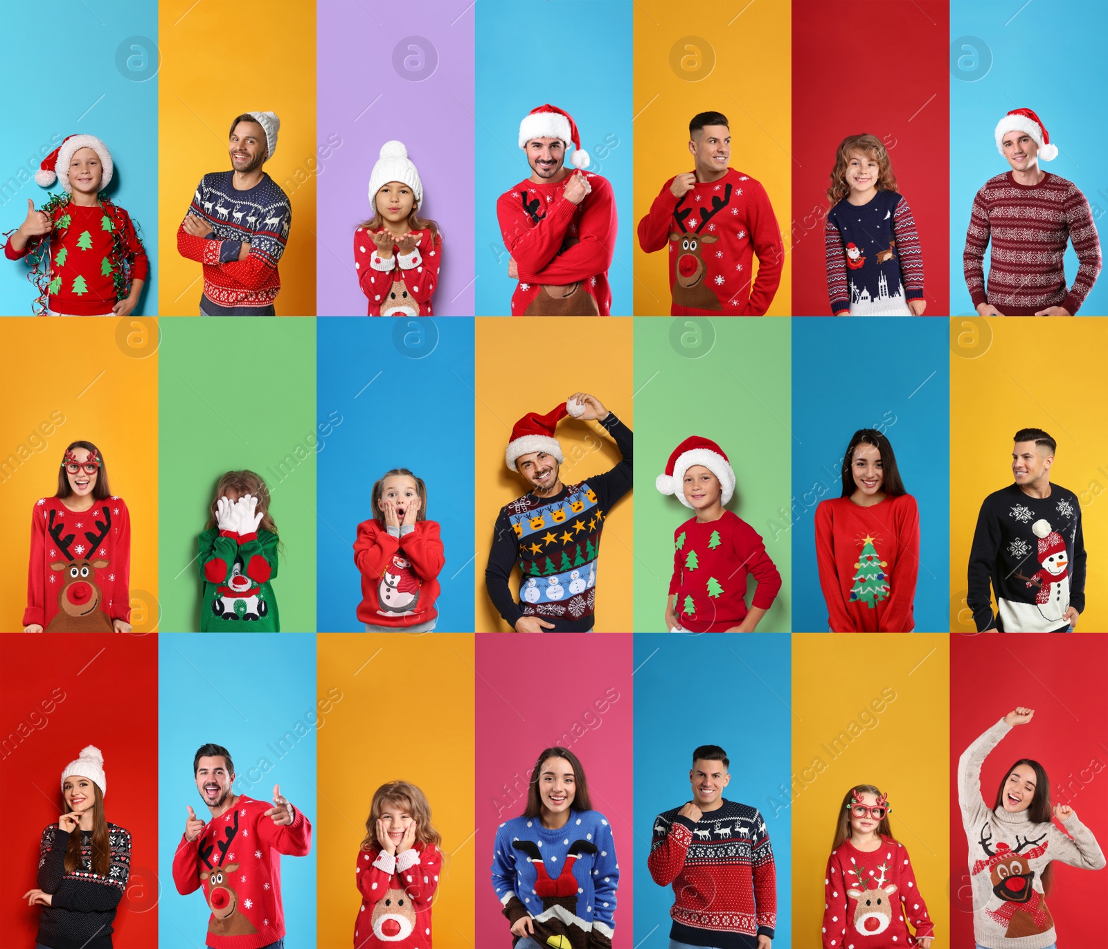 Image of Collage with photos of adults and children in different Christmas sweaters on color backgrounds