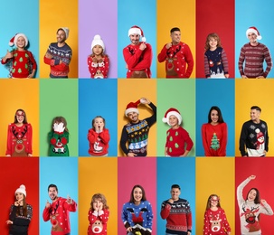 Collage with photos of adults and children in different Christmas sweaters on color backgrounds
