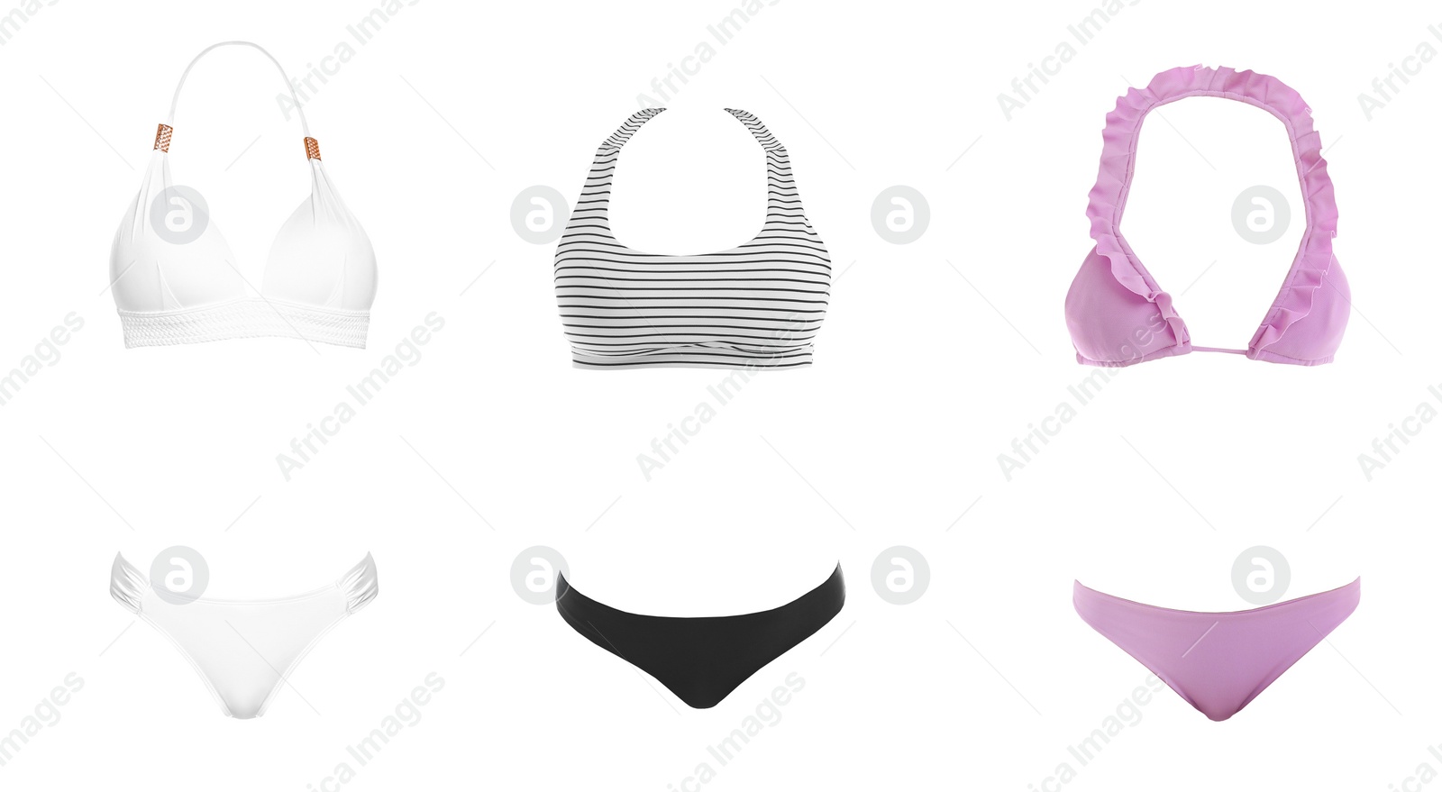 Image of Set of different stylish bikinis on white background 