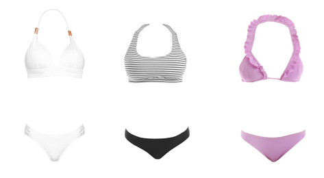 Image of Set of different stylish bikinis on white background 