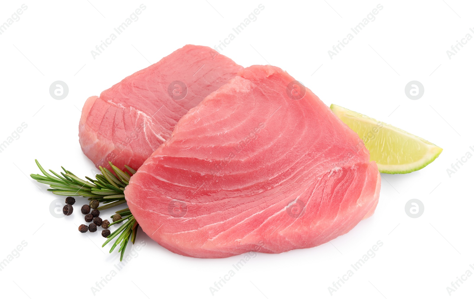 Photo of Fresh raw tuna fillets with peppercorns and rosemary on white background
