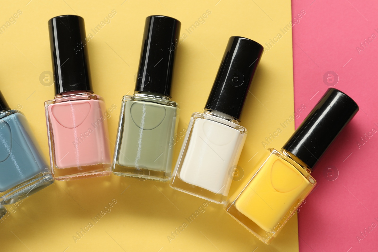 Photo of Beautiful nail polishes in bottles on color background, flat lay