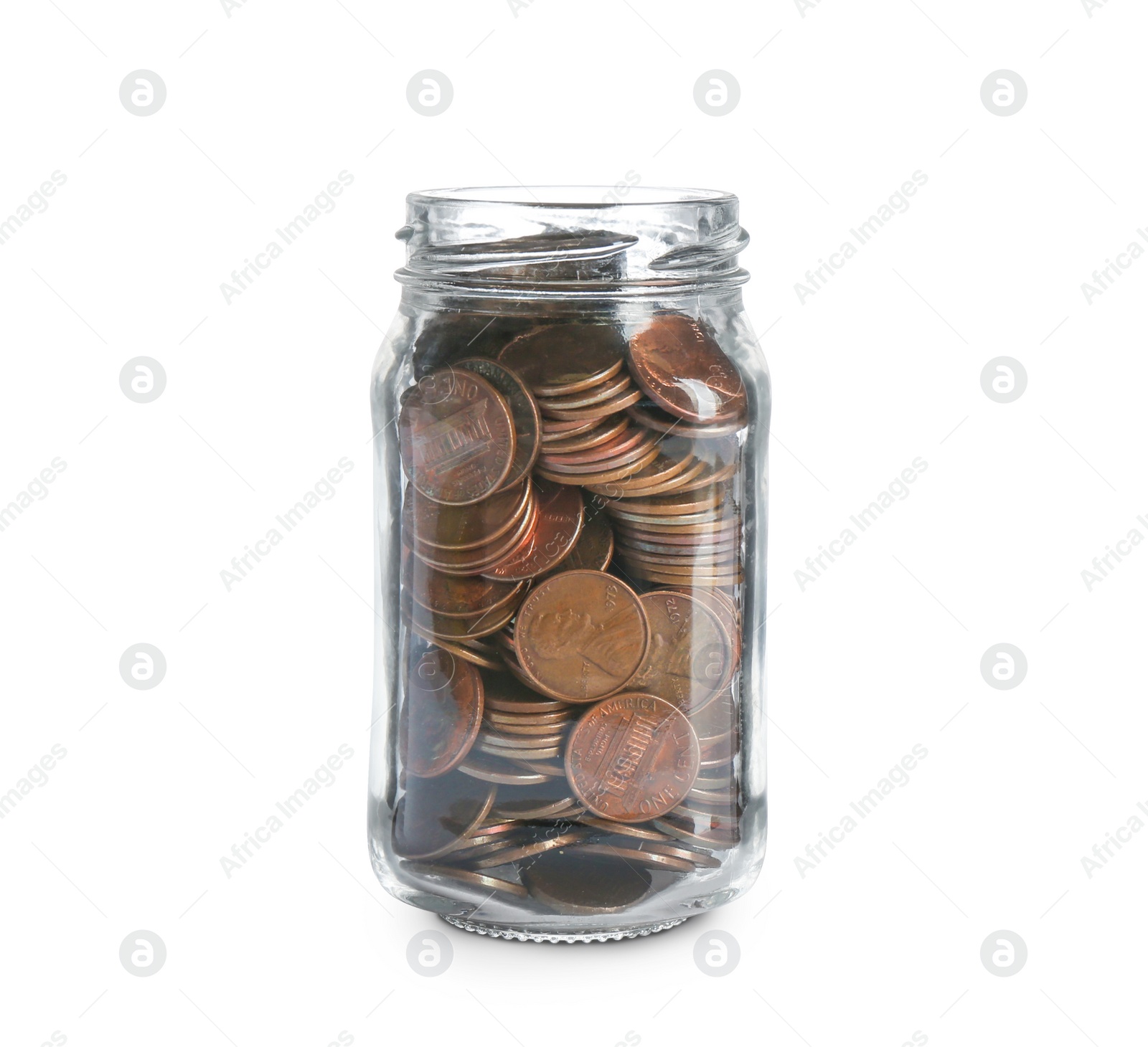 Photo of Glass jar with coins on white background. Money saving concept