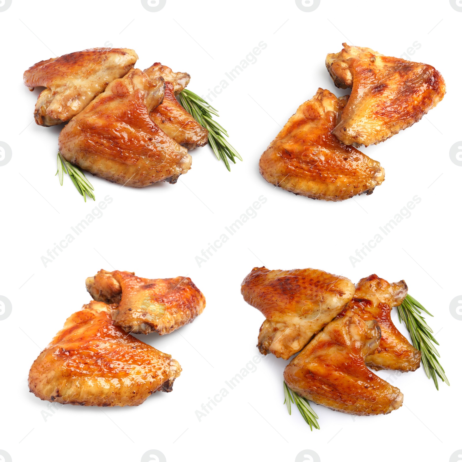 Image of Set with tasty roasted chicken wings on white background