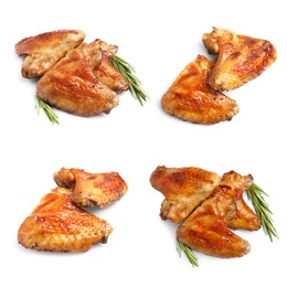 Set with tasty roasted chicken wings on white background