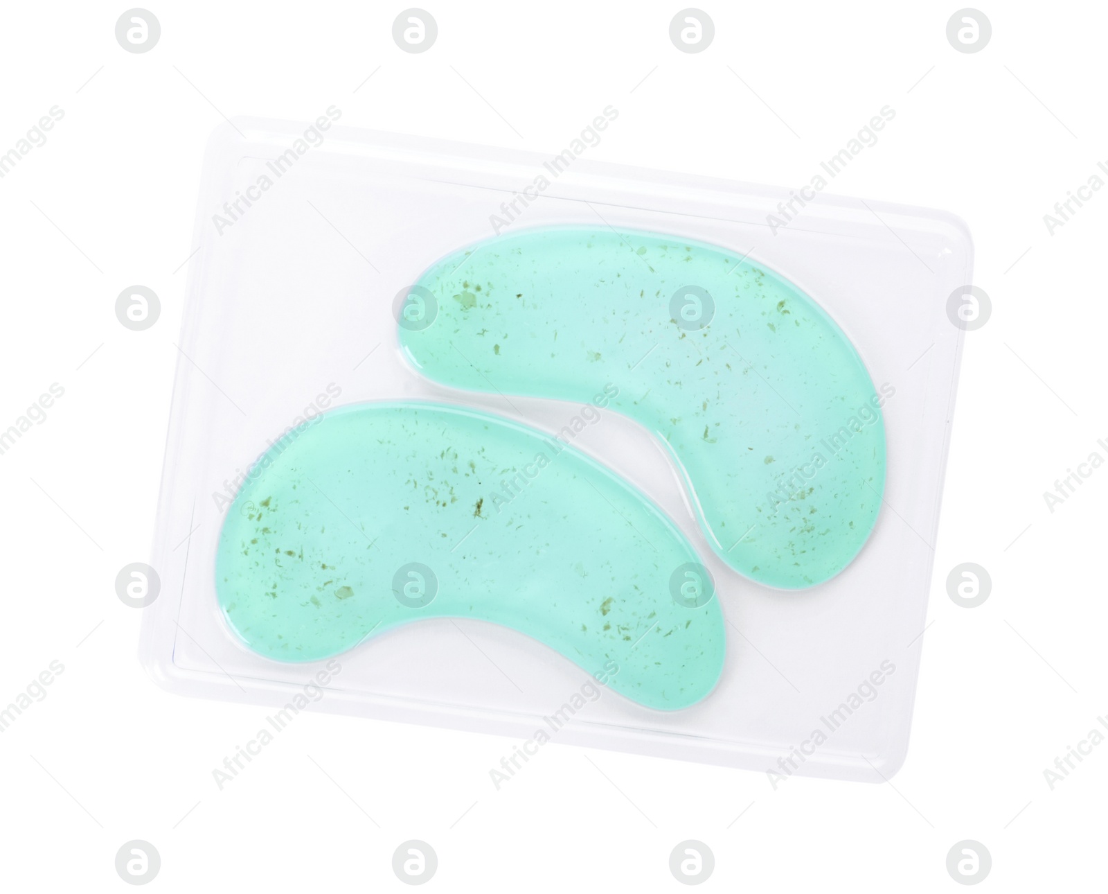 Photo of Package with under eye patches isolated on white, top view. Cosmetic product