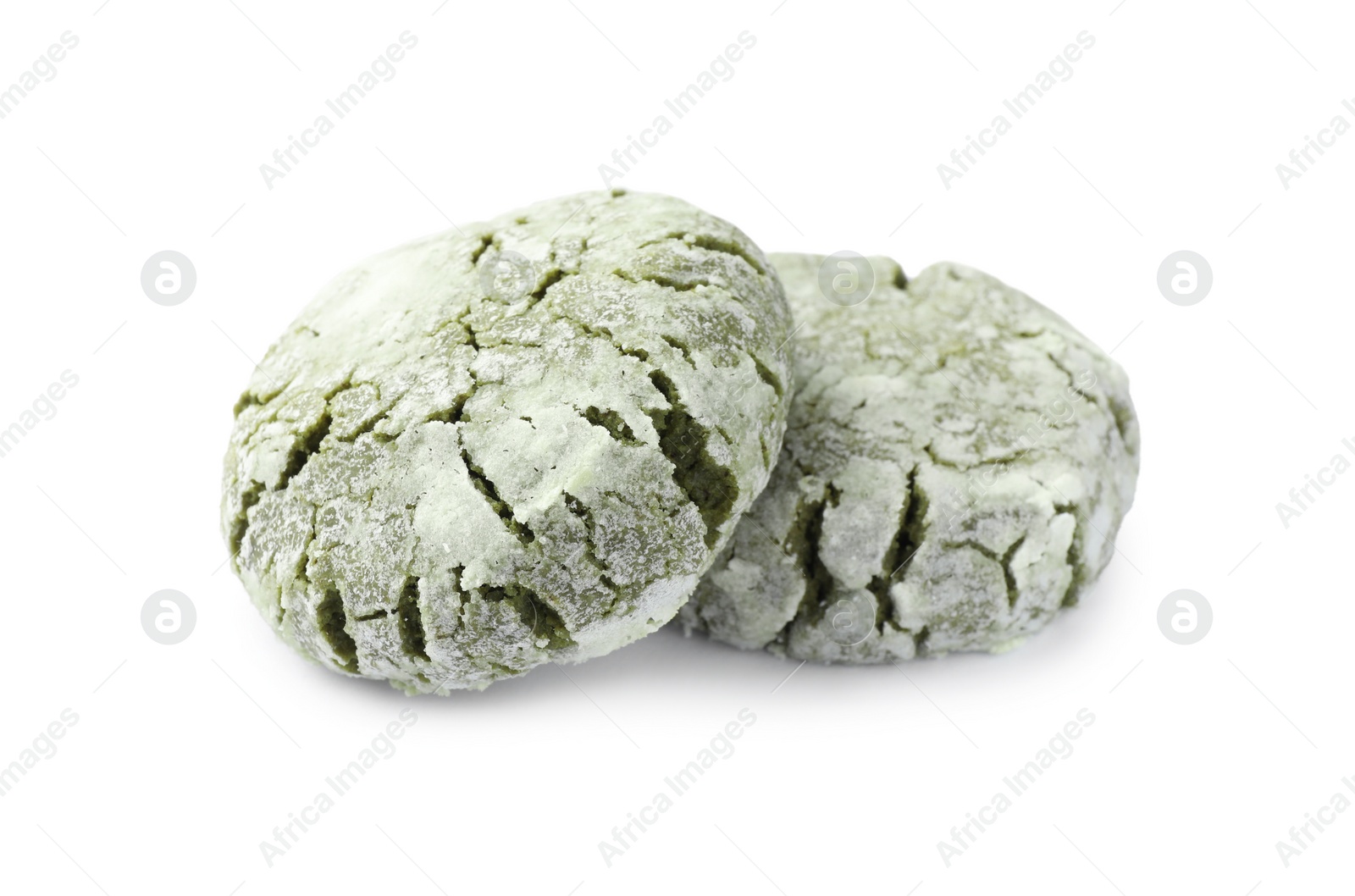 Photo of Two tasty matcha cookies on white background