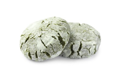 Two tasty matcha cookies on white background
