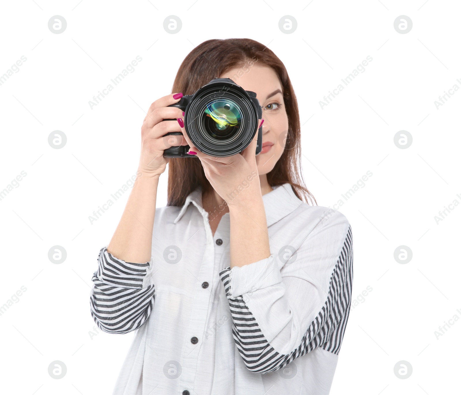 Photo of Female photographer with professional camera on white background