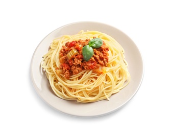 Photo of Plate with delicious pasta bolognese on white background