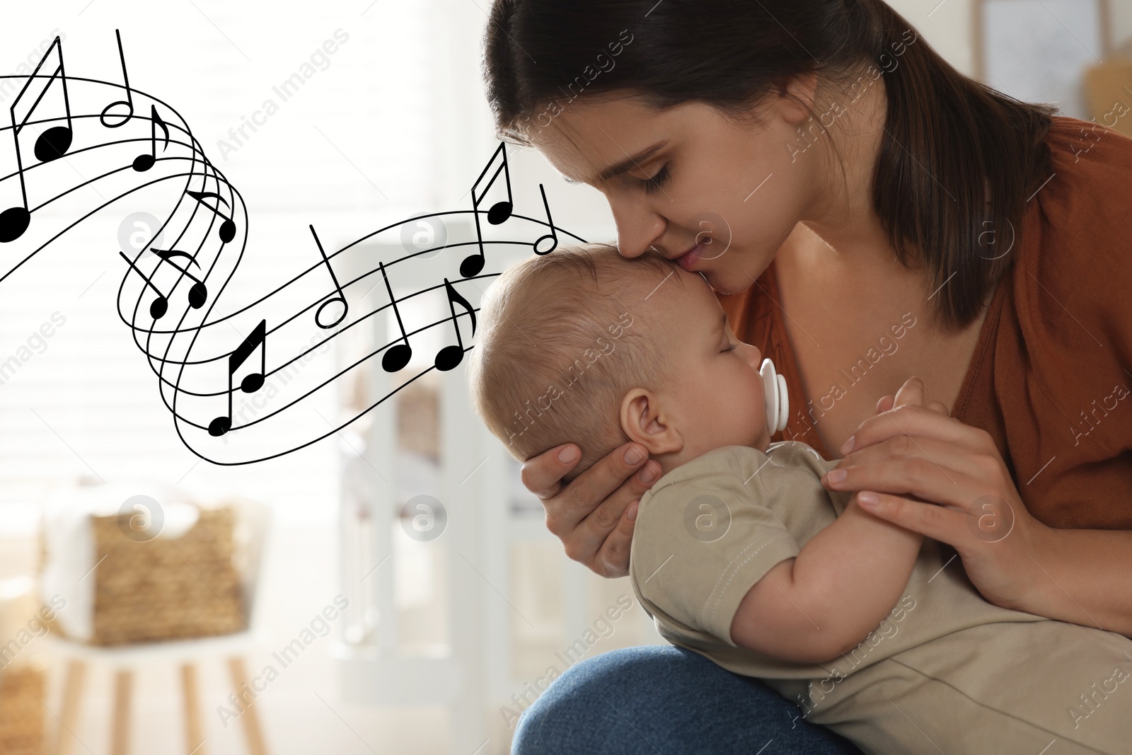 Image of Mother singing lullaby to her baby at home. Illustration of flying music notes around child