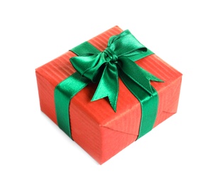 Photo of Beautifully wrapped gift box on white background