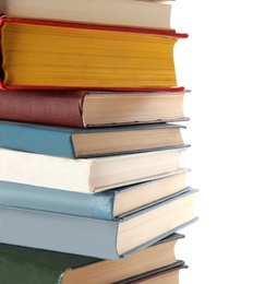 Photo of Stack of hardcover books on white background