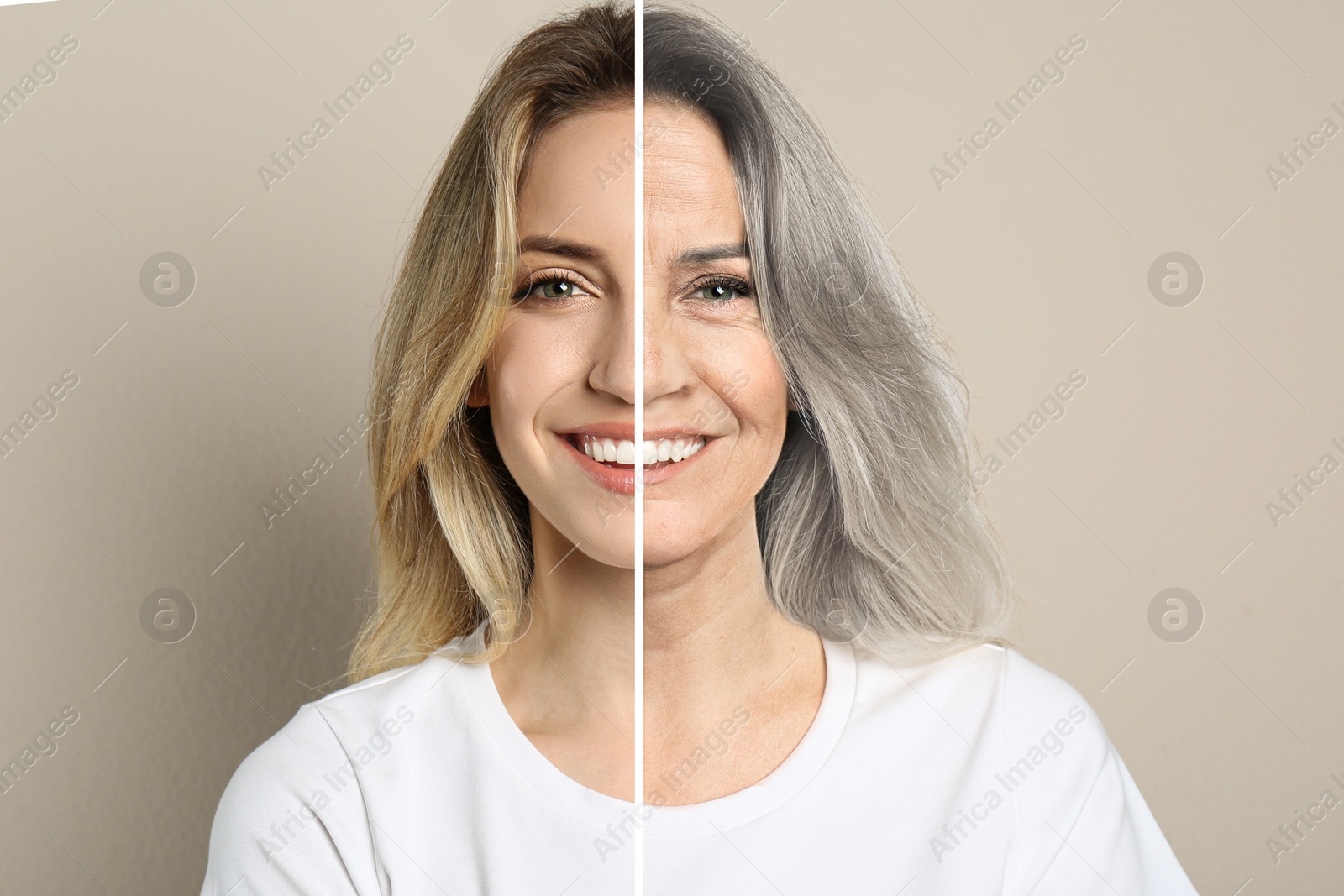 Image of Changes in appearance during aging. Portrait of woman divided in half to show her in younger and older ages. Collage design on beige background