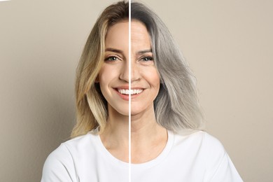 Image of Changes in appearance during aging. Portraitwoman divided in half to show her in younger and older ages. Collage design on beige background