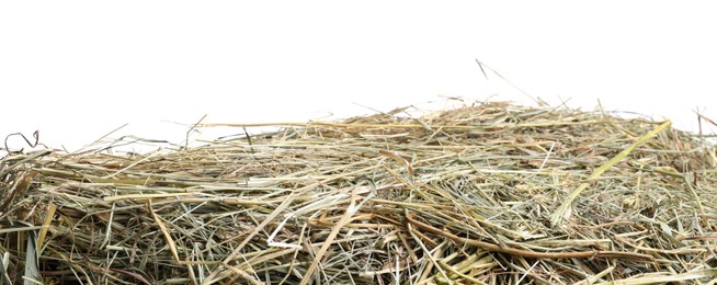 Photo of Dried hay isolated on white. Livestock feed