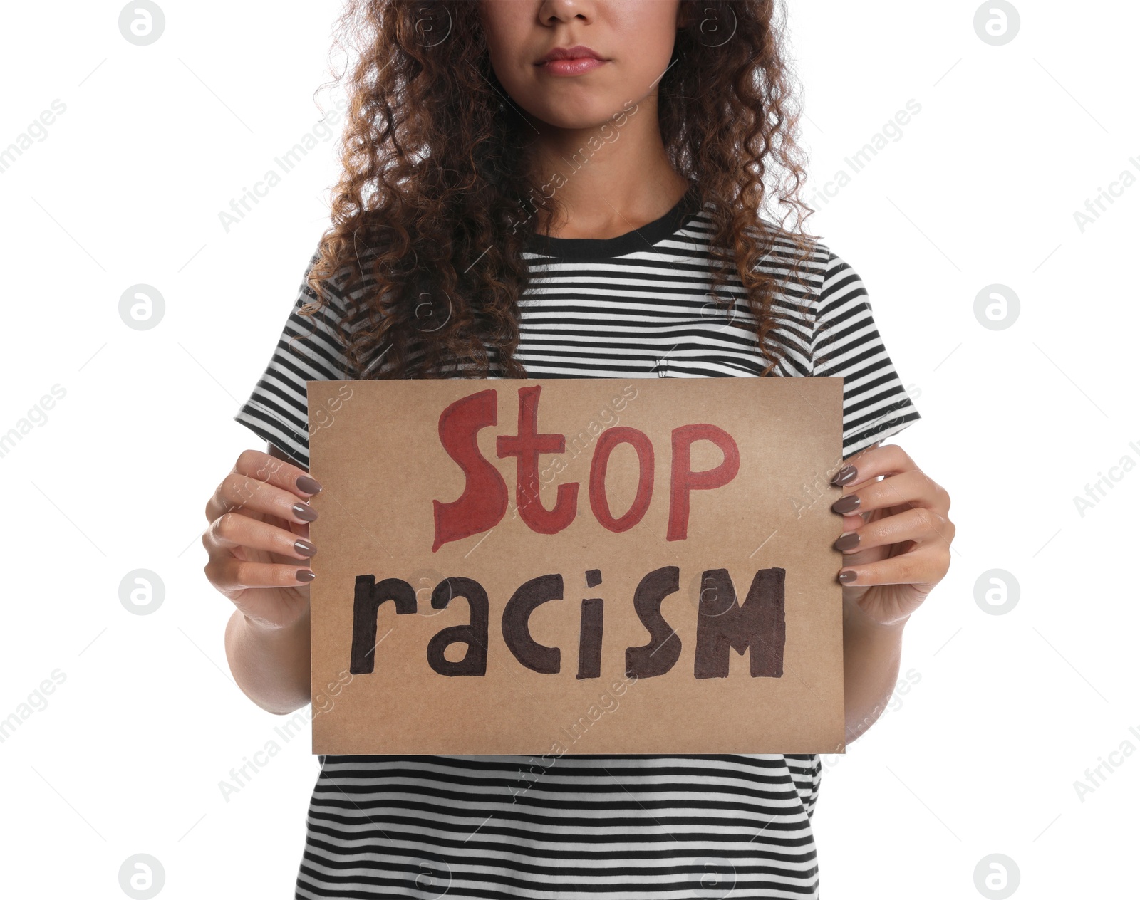 Photo of African American woman holding sign with phrase Stop Racism on white background, closeup