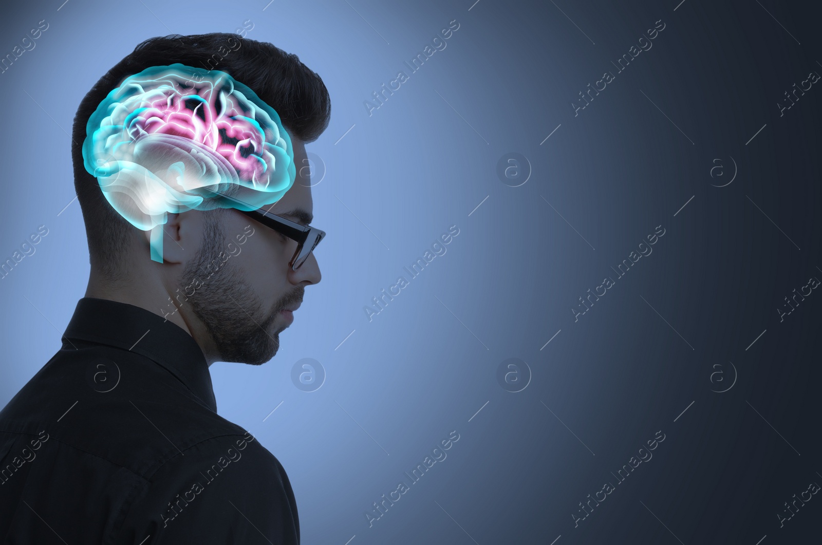 Image of Thinking concept, space for text. Young man and illustrated brain on color background