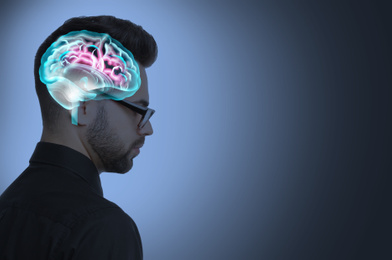 Image of Thinking concept, space for text. Young man and illustrated brain on color background