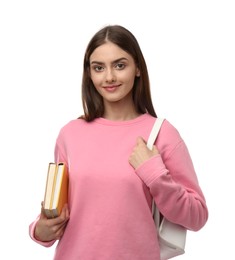Photo of Teenage student with backpack and books on white background