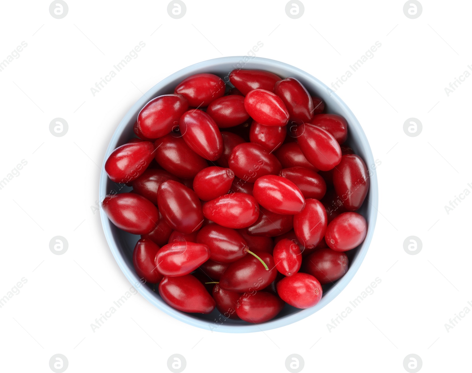 Photo of Fresh ripe dogwood berries in bowl on white background, top view