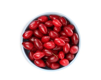 Fresh ripe dogwood berries in bowl on white background, top view