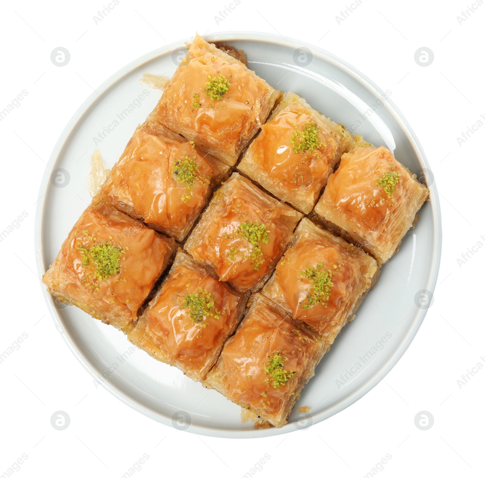 Photo of Delicious sweet baklava with pistachios isolated on white, top view