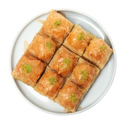 Delicious sweet baklava with pistachios isolated on white, top view