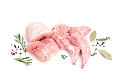 Photo of Fresh raw rabbit legs and spices isolated on white
