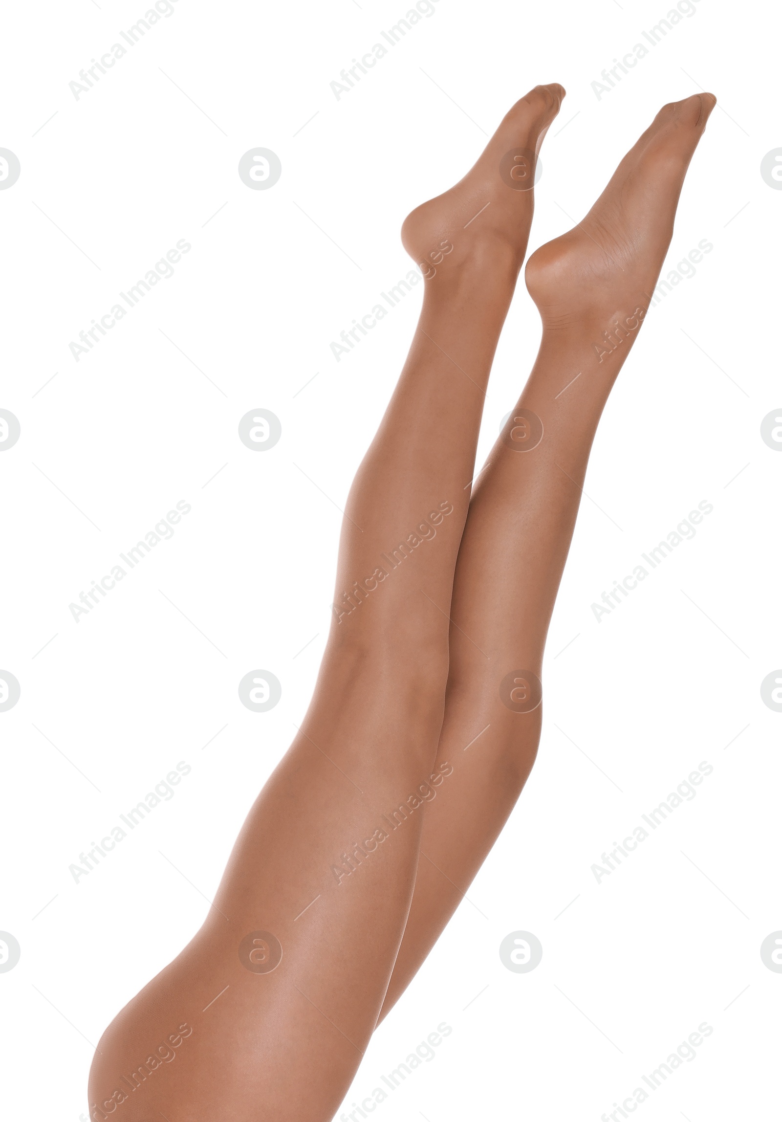 Photo of Woman with beautiful long legs wearing tights on white background, closeup