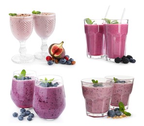 Image of Set with delicious blueberry smoothies on white background