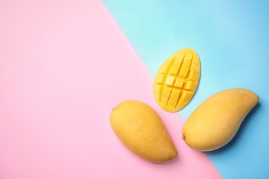 Photo of Flat lay composition with mango fruits on color background. Space for text