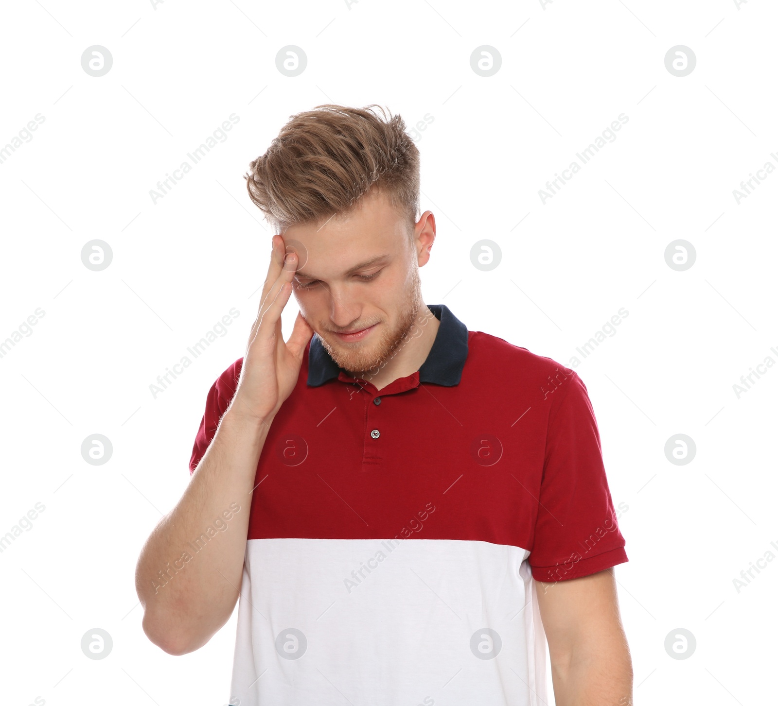 Photo of Portrait of thoughtful young man on white background