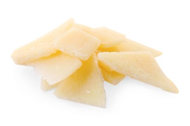 Photo of Pile of parmesan cheese pieces on white background