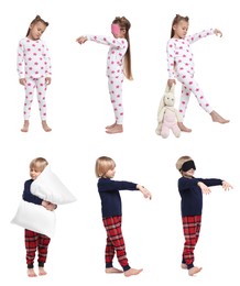 Collage with photos of children sleepwalking on white background