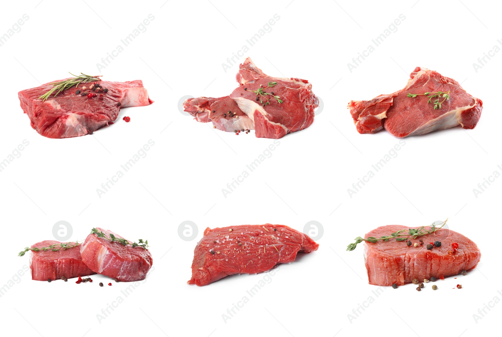 Image of Set with raw meat on white background