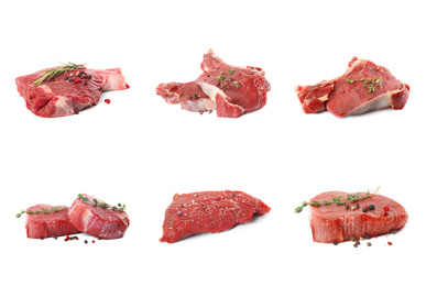 Image of Set with raw meat on white background