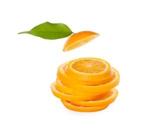 Slices of juicy orange and leaf isolated on white