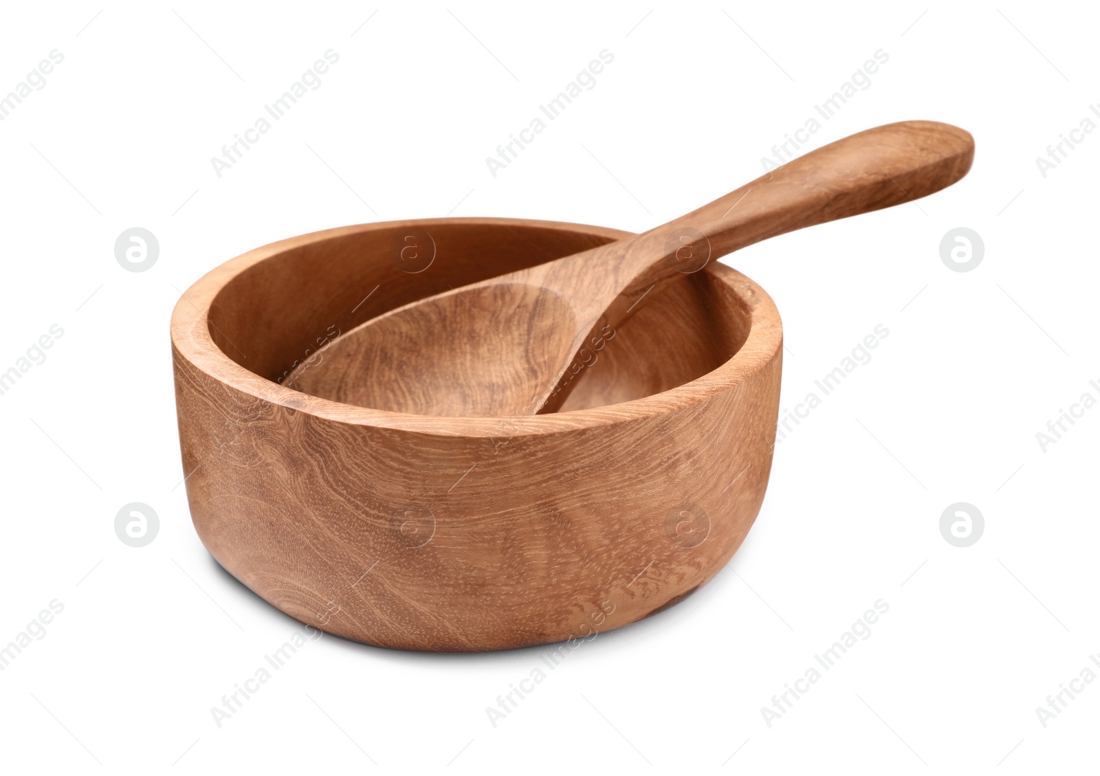 Photo of New handmade wooden spoon with bowl isolated on white