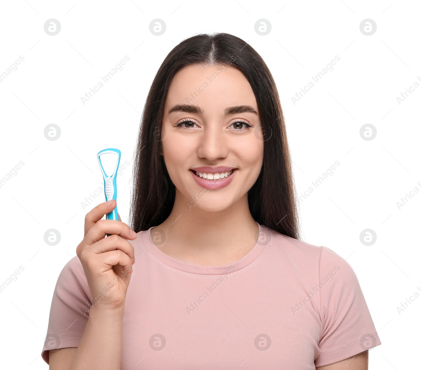 Photo of Happy woman with tongue cleaner on white background