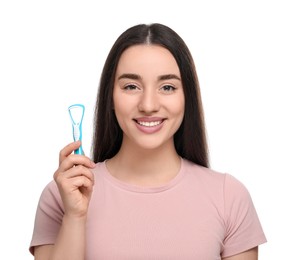 Photo of Happy woman with tongue cleaner on white background