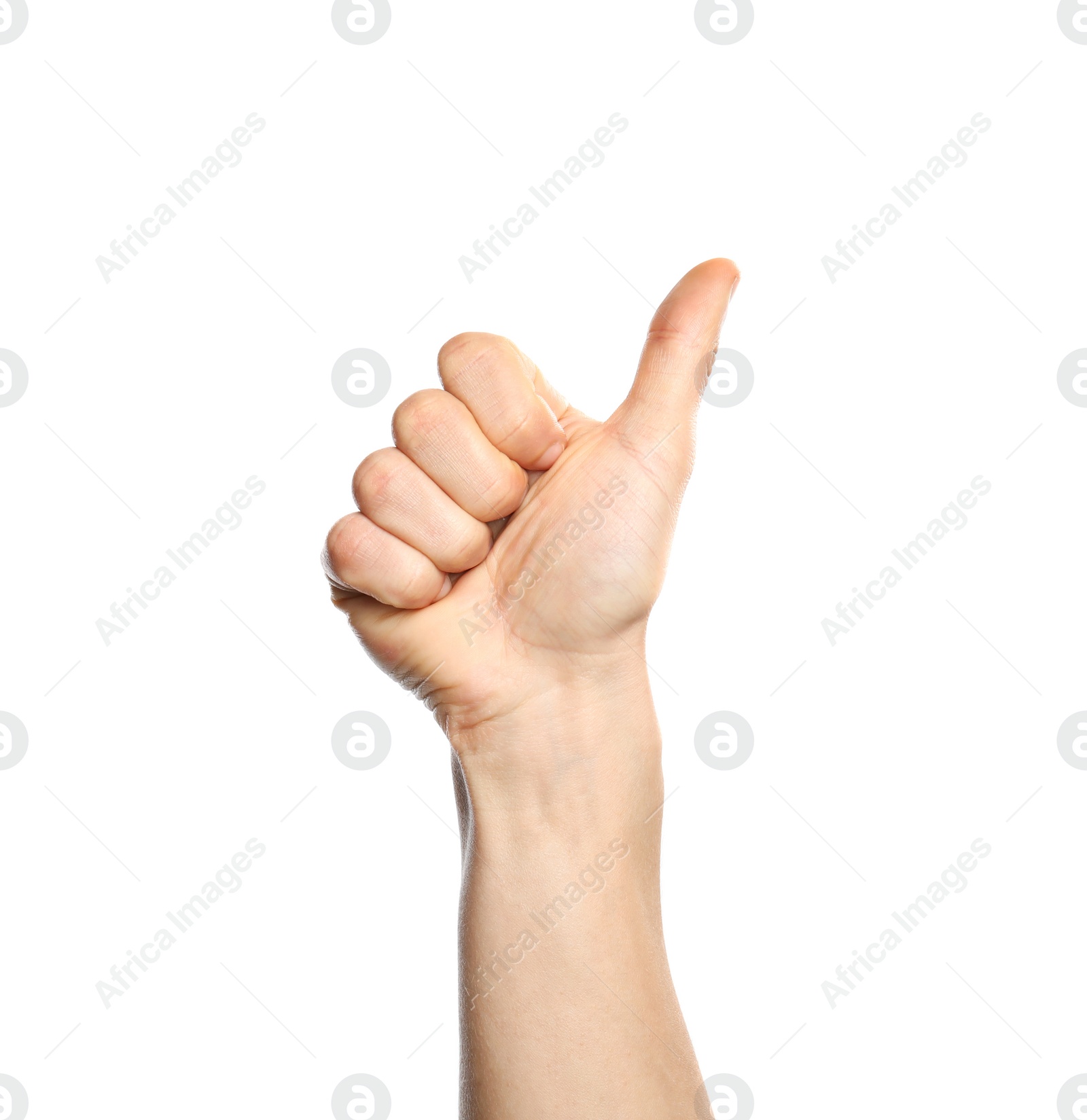 Photo of Man showing number ten on white background, closeup. Sign language